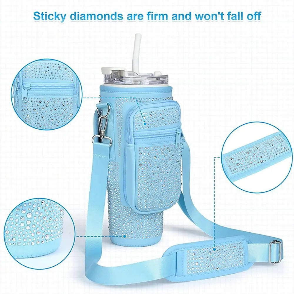 with Phone Pocket Water Bottle Holder Pouch Diamond Soft Adjustable Strap Water Cup Bags Handfree Bottle Carrier Bag