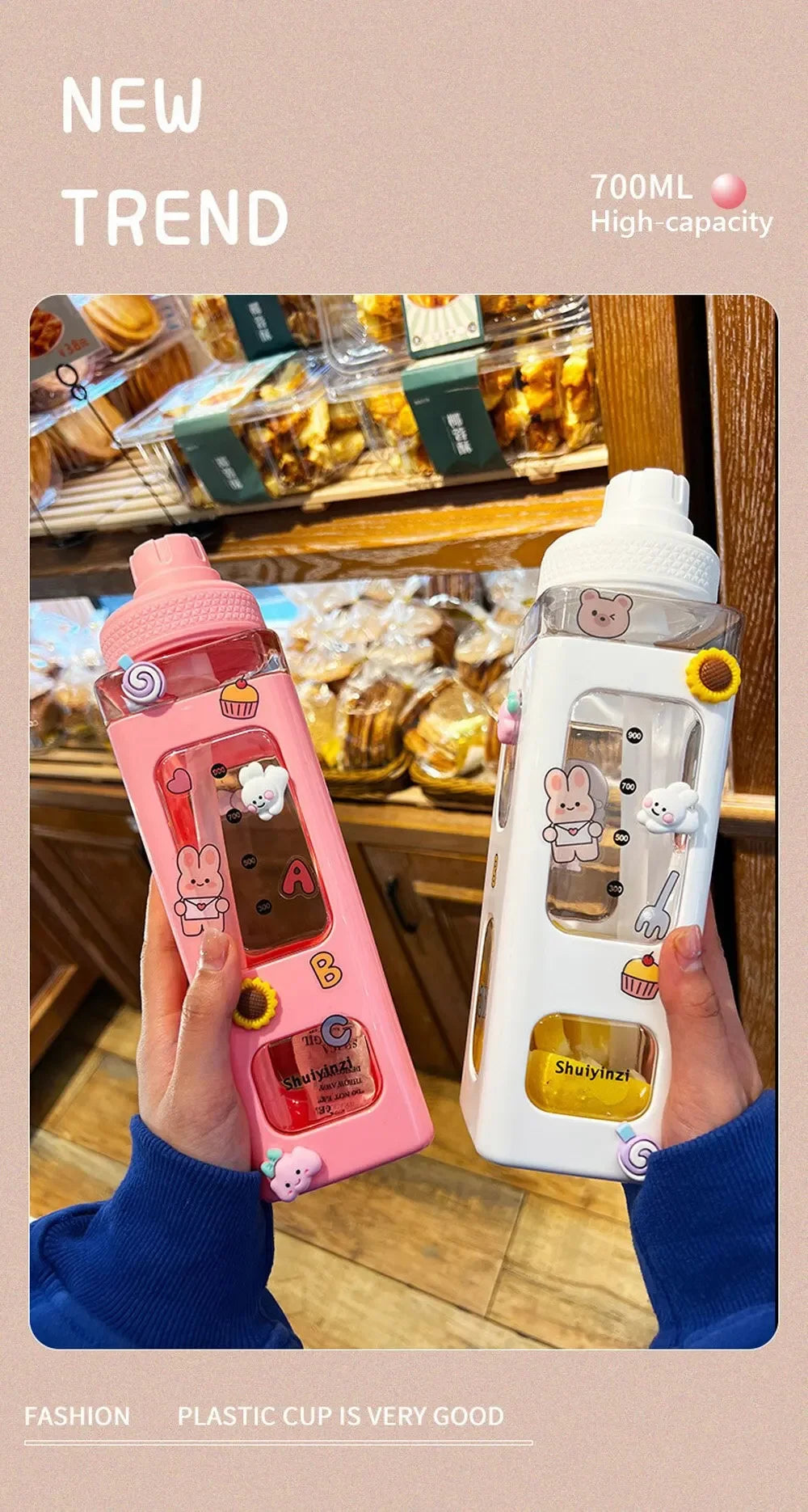 High Quality Water Bottle with Straw 3D Cute Bear Sticker Bpa Free Plastic Square Sippy Cup Portable Drinkware 700ml