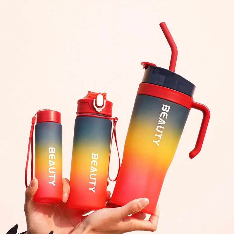 Set 3-in-1 Sports Gradient Water Bottle with Straw Large Capacity with Stylish Handle Drink Bottle water Cup Outdoor