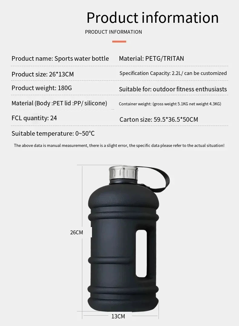 Portable 2.2L Large Capacity Plastic Sports Bottles Outdoor Travel Cold Water Cup Fitness Gym Protein Shaker Sport Bottle Termos