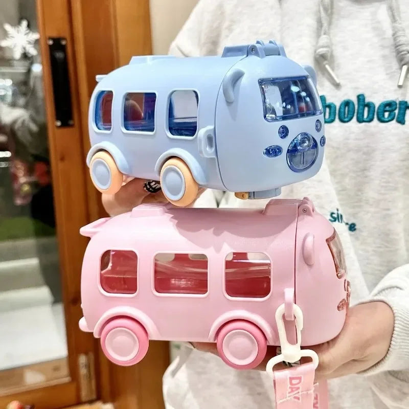 Portable Bear Water Bottle with Shoulder Strap Kid Cute Car Straw Water Cup Bus Shape Children's Water Bottle 500ml Drinking Cup