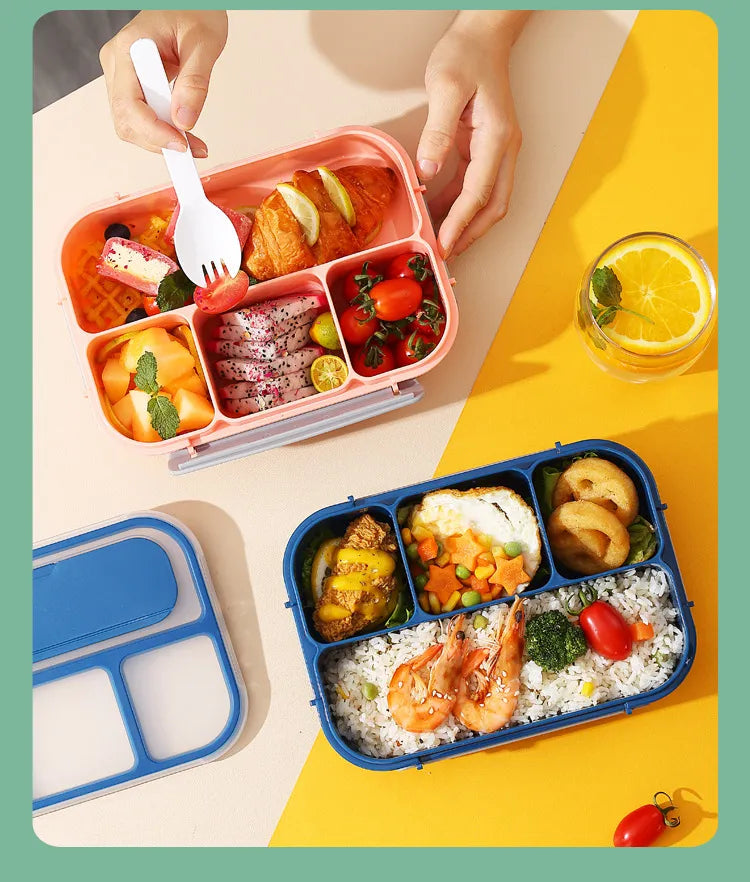 Portable Sealed Lunch Box 2 Layer Mesh Kids Leak Proof Bento Snack Box with Cutlery Microwave Safe Food Storage Container