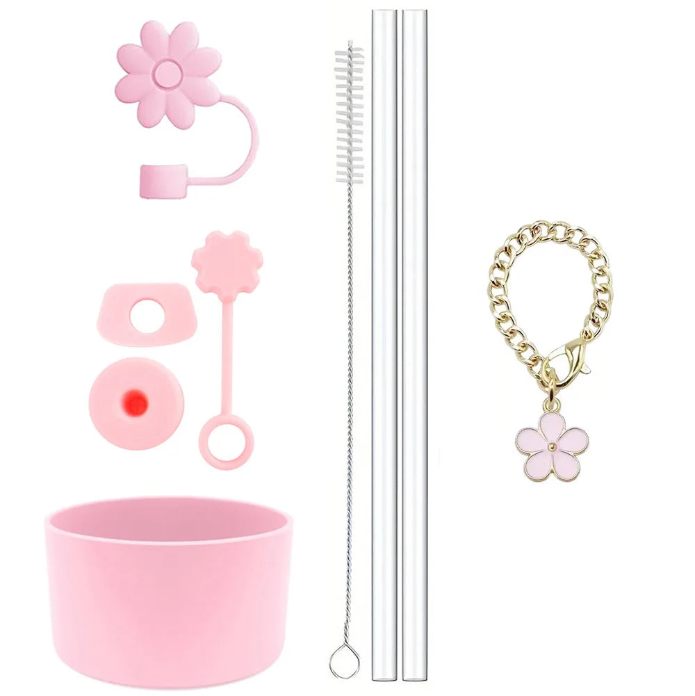 Cup Accessories for Stanley Set of 9, 2 Straw and Brush and 1 Flower Charm Chain 3 Spill Proof Stopper Flowers Straw Cover Boot