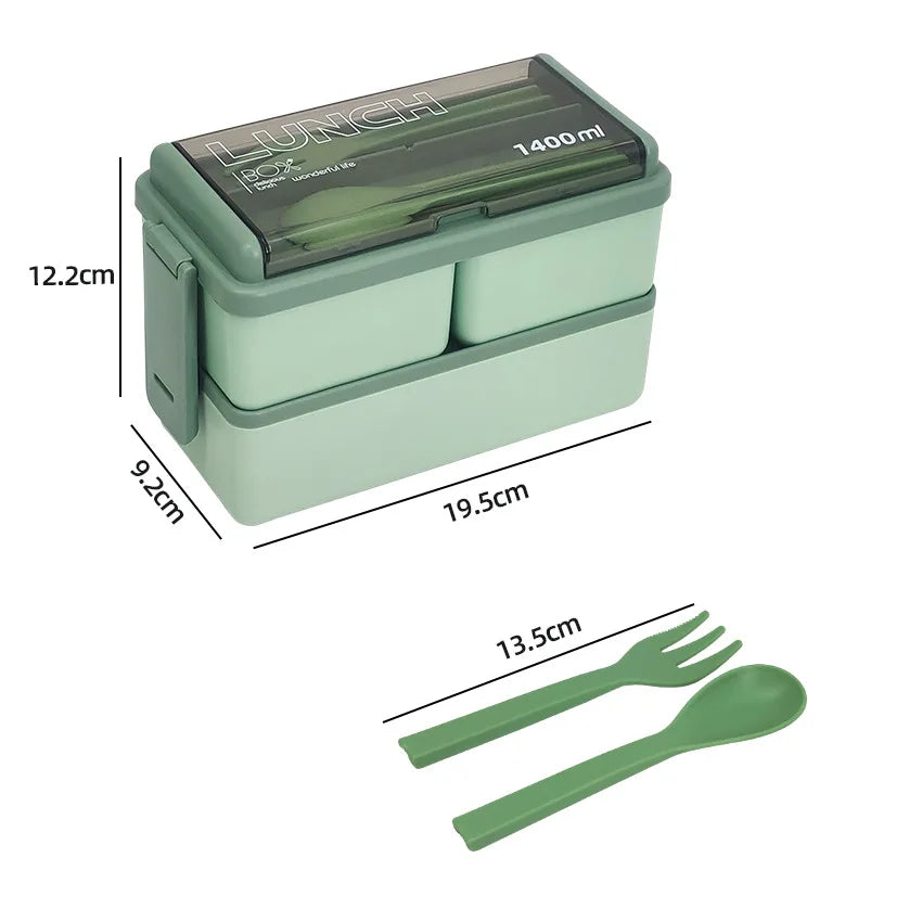 1Set Double Layer Portable Lunch Box For Kids With Fork and Spoon Microwave Bento Boxes Dinnerware Set Food Storage Container