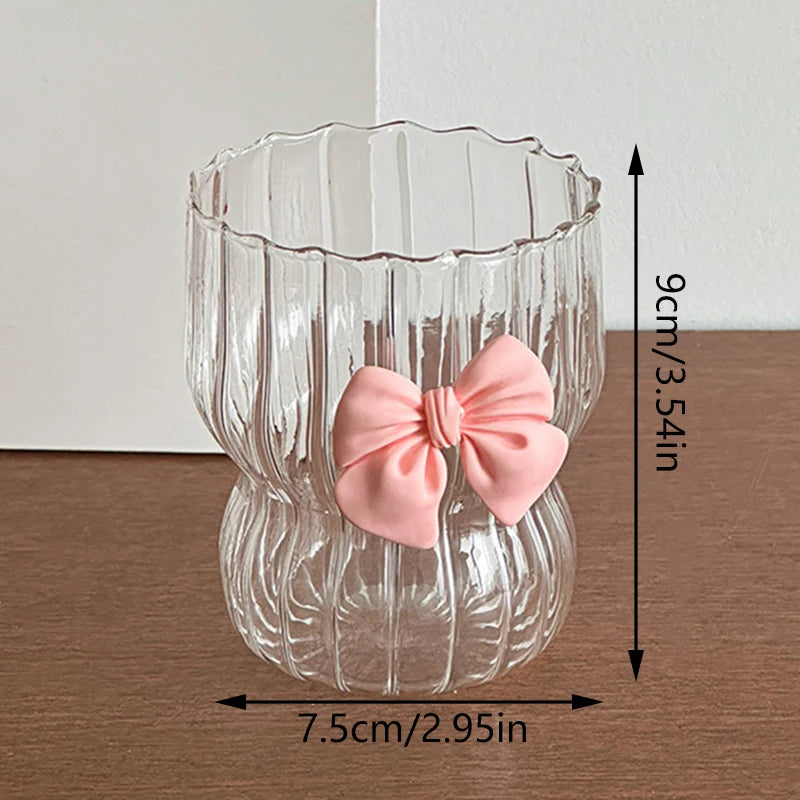 Pink Bow Glass Cute Water Cup Cartoon Bow Glass Cup Striped Cute Doodle Coffee Mug Household Fruit Tea Lemonade Girls Gift - Gabriel