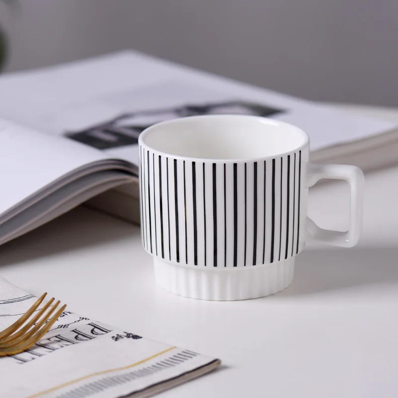 1PCS Nordic Simple Style Black And White Ceramic Mug Creative Polka Dot Striped Coffee Tea Cup Stackable Office Water Cup - Gabriel