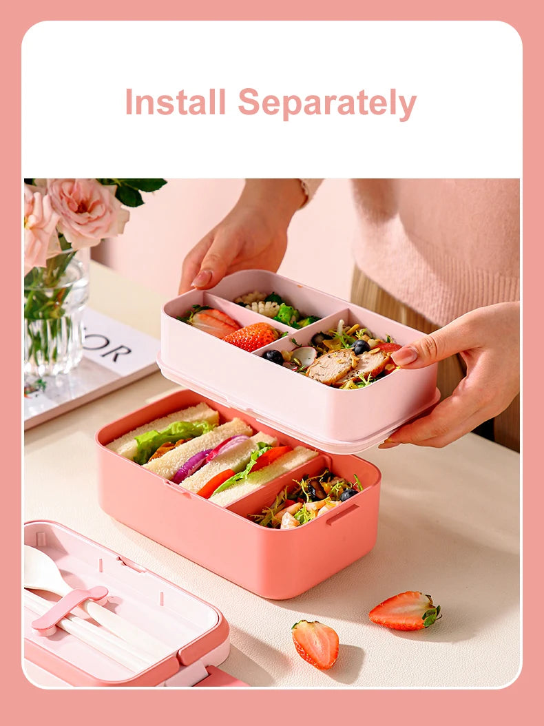 Tragbare Lunchbox aus Bambusfaser, 3-in-1, doppellagig, Bento-Box, mikrowellengeeignet, Löffel und Gabel, für Damen und Mädchen, Schulkinder, Picknick-Lunchbox