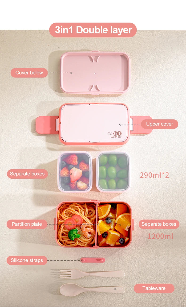 Tragbare Lunchbox aus Bambusfaser, 3-in-1, doppellagig, Bento-Box, mikrowellengeeignet, Löffel und Gabel, für Damen und Mädchen, Schulkinder, Picknick-Lunchbox