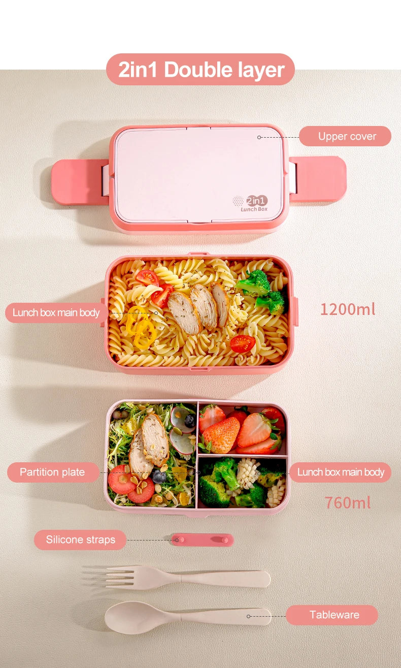 Portable Lunch Box Bamboo Fiber 3in1 Double Layer Bento BOX Microwave Spoon Fork Women Girl School Kid Picnic Lunch Box