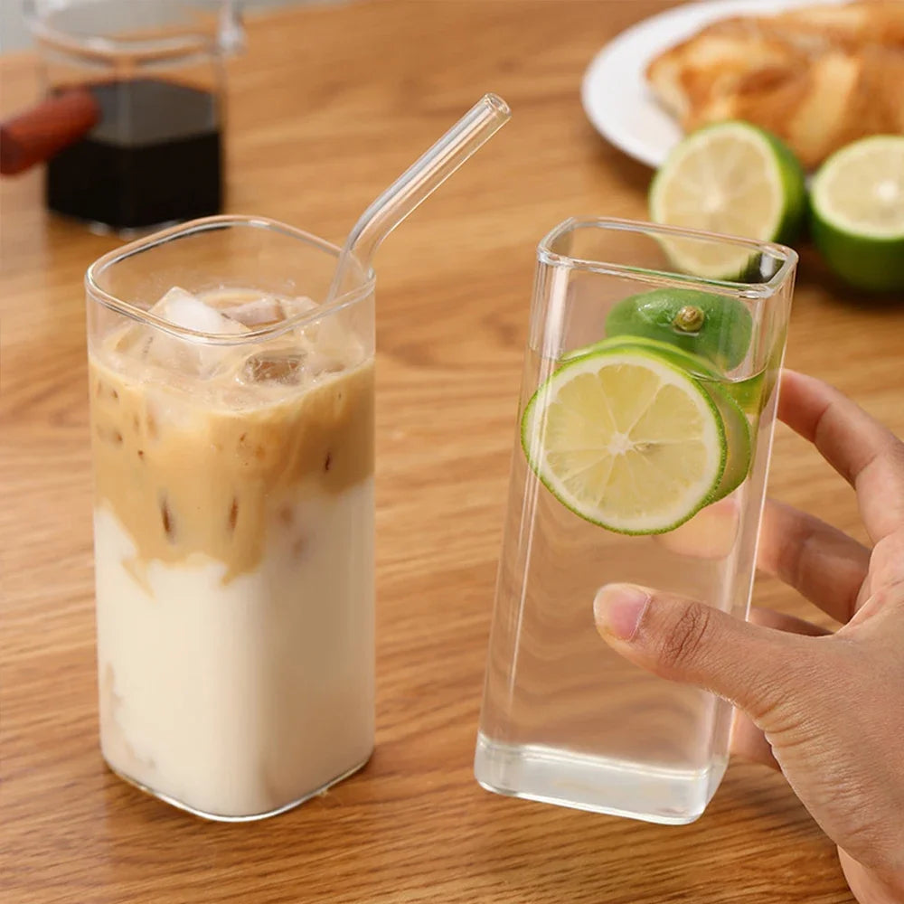 350ml Square Coffee Glass Cup With Lid and Straw Heat Resistant Ice Coffee Mug Breakfast Milk Cup Transparent Beer Cup Drinkware - Gabriel