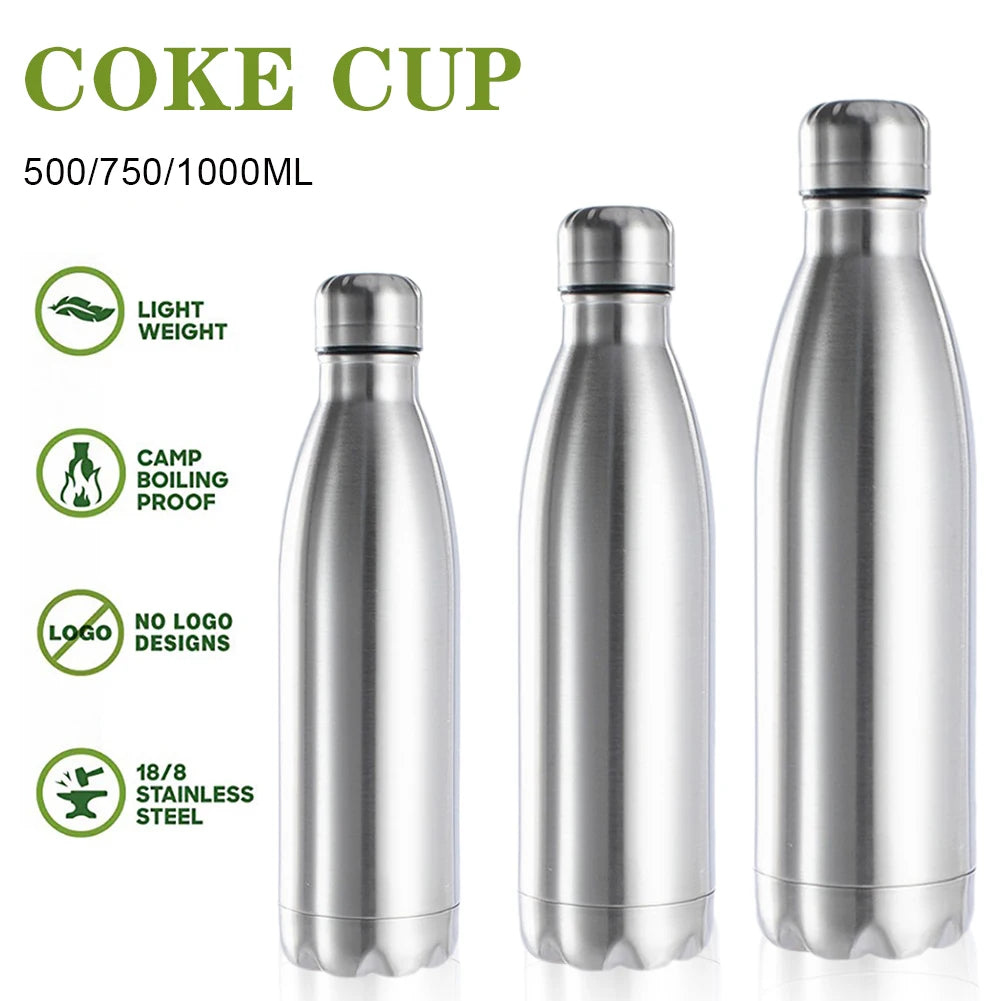 500/750/1000ml Portable Outdoor Water Bottle Food Grade Stainless Steel Single Wall Leakproof Vacuum Cup Hot Cold Water Bottle - Gabriel