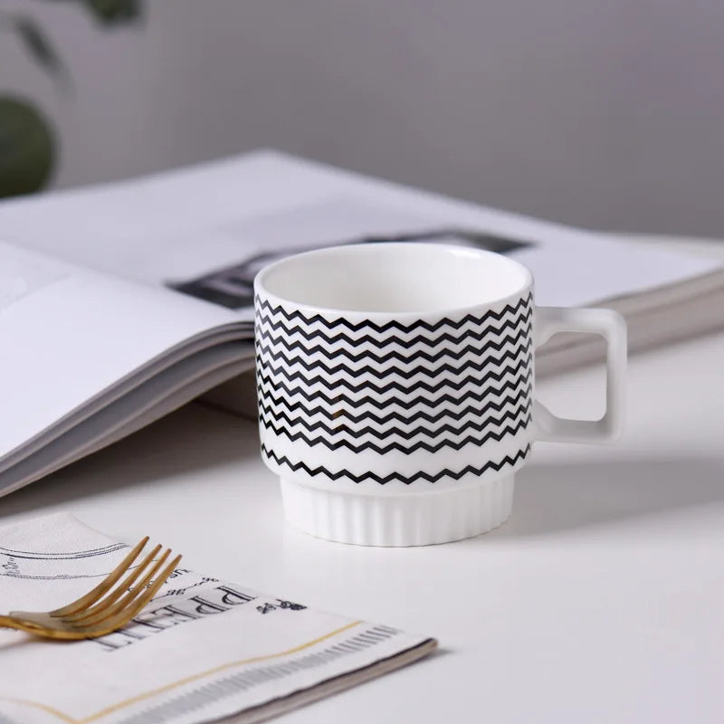 1PCS Nordic Simple Style Black And White Ceramic Mug Creative Polka Dot Striped Coffee Tea Cup Stackable Office Water Cup - Gabriel