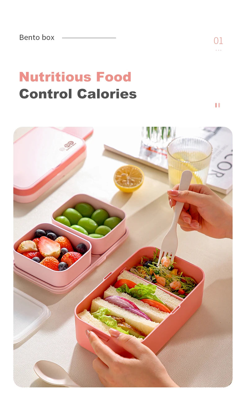 Portable Lunch Box Bamboo Fiber 3in1 Double Layer Bento BOX Microwave Spoon Fork Women Girl School Kid Picnic Lunch Box