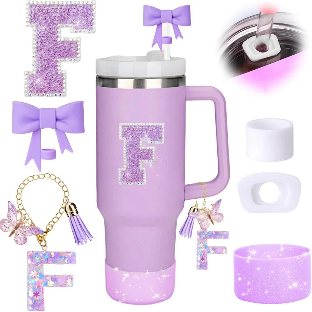 6pcs Accessories Set for Stanely 30oz 40oz Tumbler Including Glitter Initial Sticker 10mm Straw Topper Cover, Resin Letter Charm