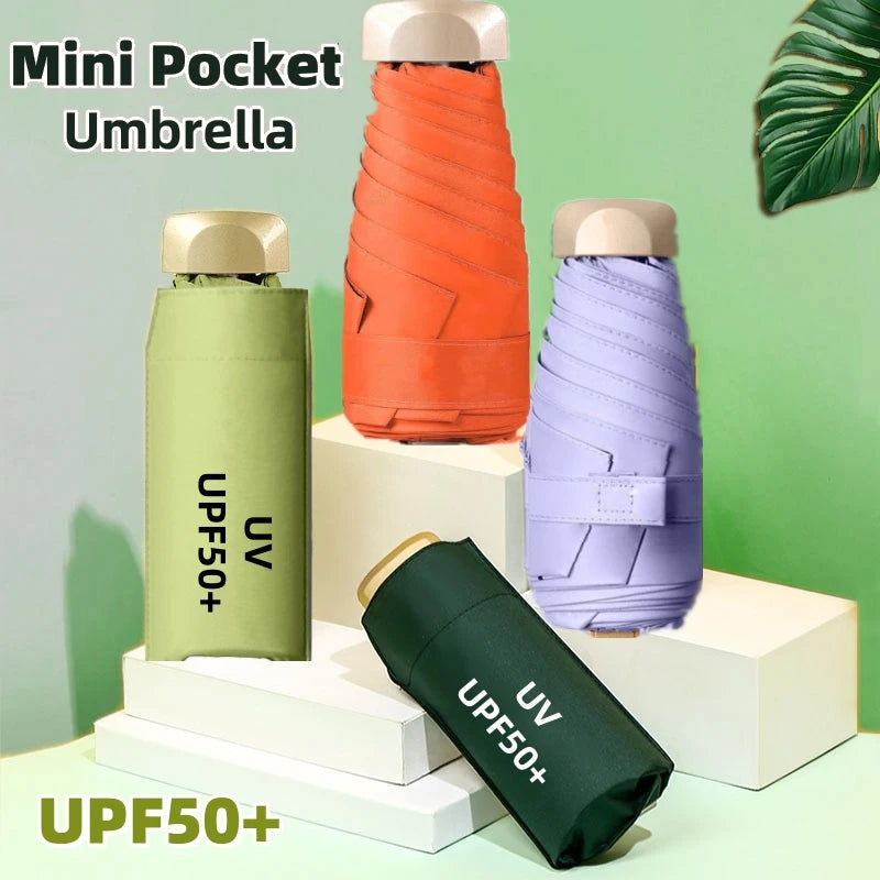 UPF50+ Mini Sun Umbrella Small Pocket Rain Travel Umbrella Vinyl Folding Umbrella UV Protection Sun Shade Pocket Parasol Capsule