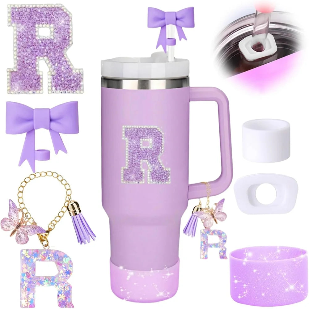 6pcs Accessories Set for Stanely 30oz 40oz Tumbler Including Glitter Initial Sticker 10mm Straw Topper Cover, Resin Letter Charm