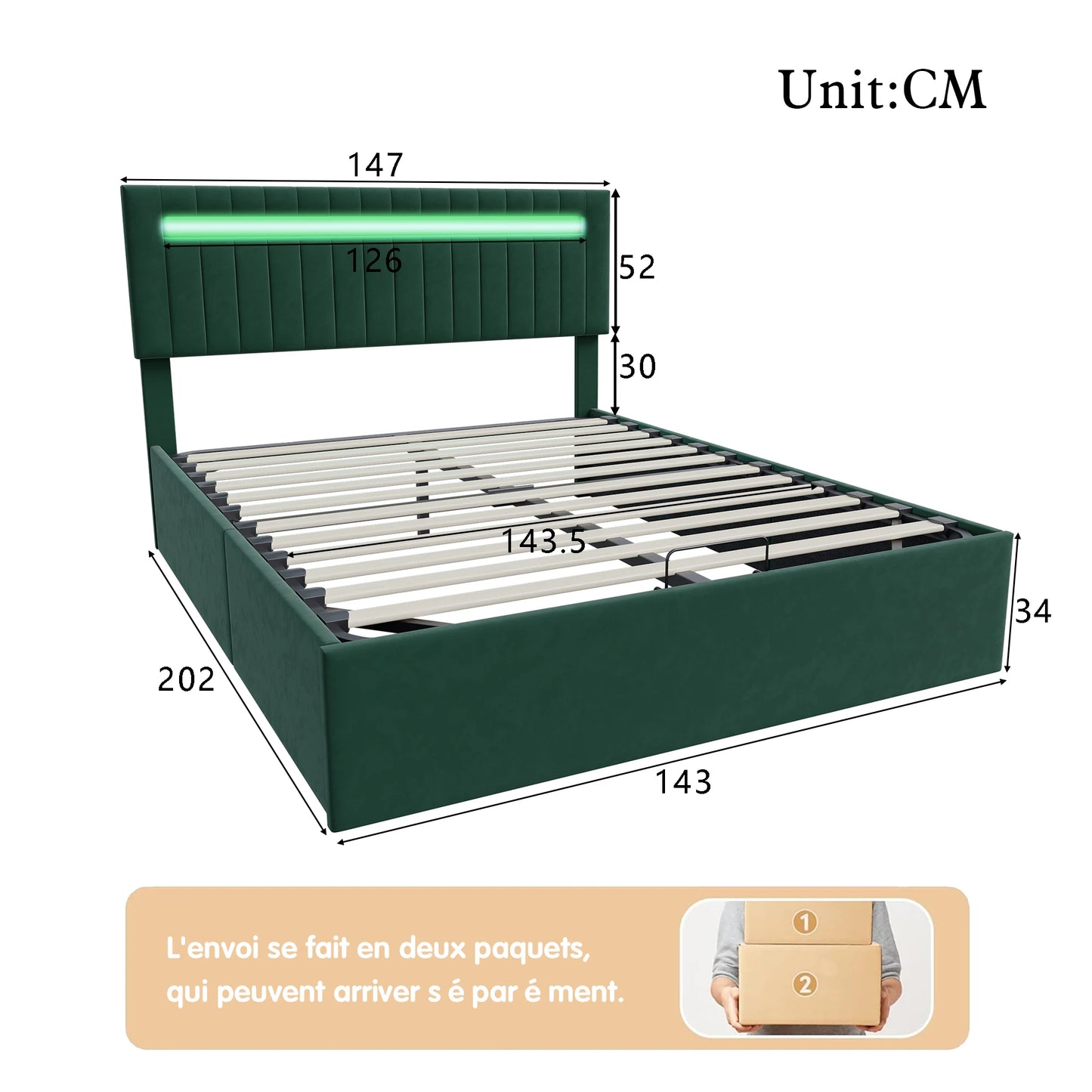 Doppelbett, Samtpolsterbett mit Lichtleiste, Vertikalleiste, Gasdruckfederkern mit Lattenrost - 140 X 200 CM