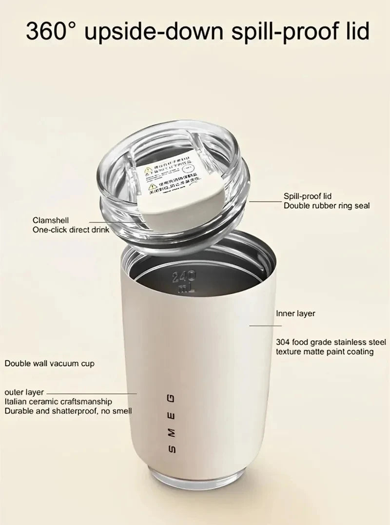 SMEG Milk White Beverage Cup Travel Portable Drinking Cup Stainless Steel Vacuum Leak proof 240ML Coffee Thermos