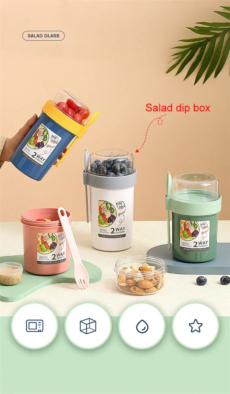 790ml/990ml Salad Oatmeal Cup Breakfast Double Cup Cereal Nut Yogurt Container Set With Dressing Holder Fork Meal Preparation