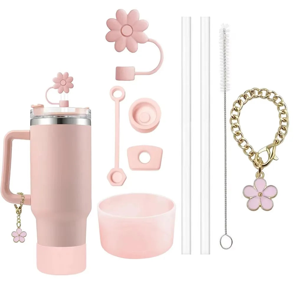 9pcs Accessories Set 3 Spill Proof Stopper Flowers Straw Cover Boot 2 Straw and Brush and 1 Flower Charm Chain for Stanley Cup