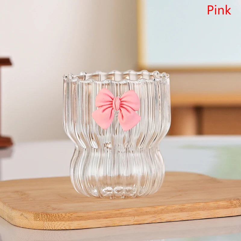 Pink Bow Glass Cute Water Cup Cartoon Bow Glass Cup Striped Cute Doodle Coffee Mug Household Fruit Tea Lemonade Girls Gift - Gabriel