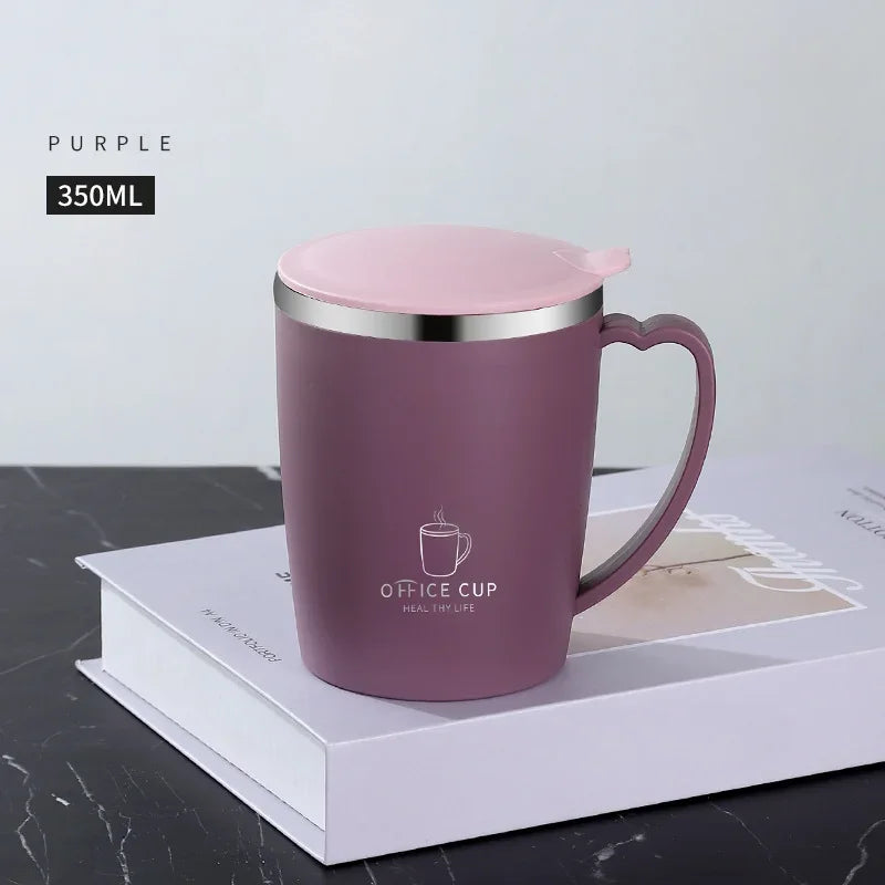 350ml Thermal Coffee Cup Double Wall Stainless Steel Heat Insulated Coffee Milk Mug with Handle and Lid Travel Drinking Tumbler