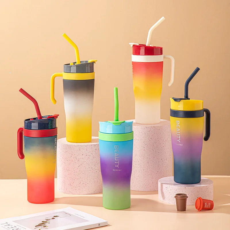 Set 3-in-1 Sports Gradient Water Bottle with Straw Large Capacity with Stylish Handle Drink Bottle water Cup Outdoor