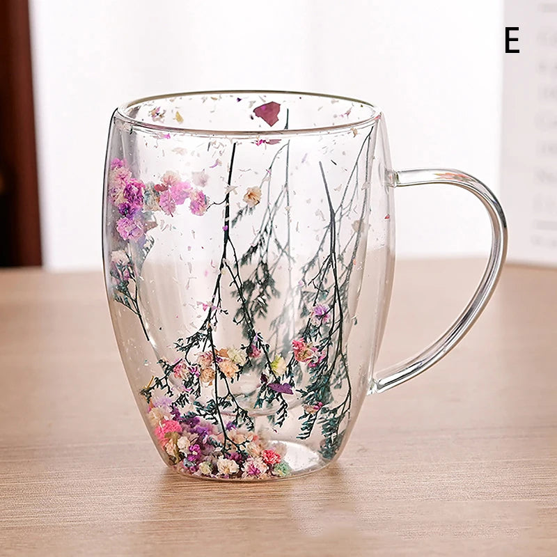 350ml Fillings Dry Flowers Double Wall Glass Cup With Handle Heat Resistant Tea Coffee Cups Espresso Milk Mug Creative Gift - Gabriel