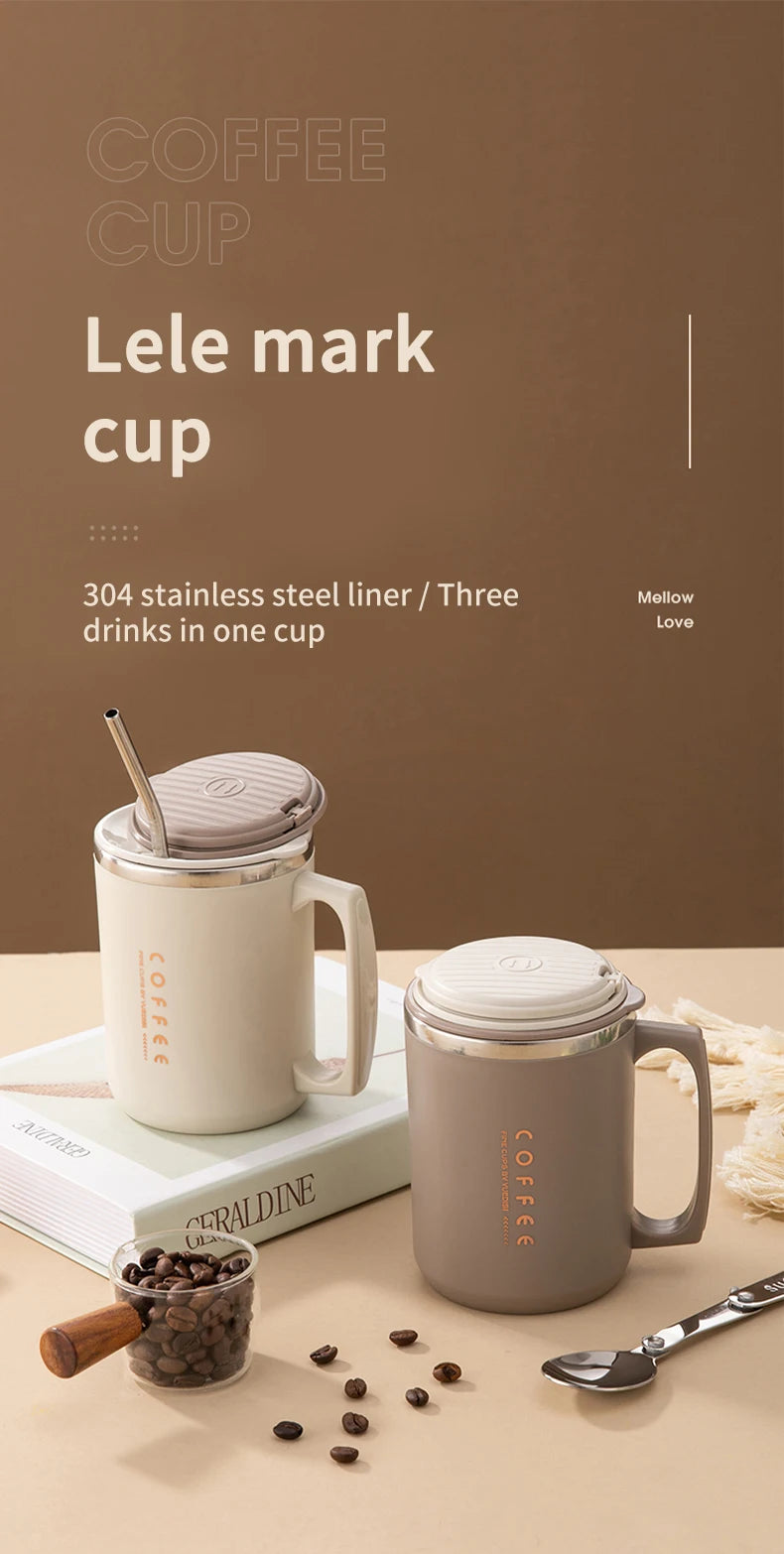 WORTHBUY 480ML Coffee Cups With Straw&Spoon 304 Stainless Steel Reusable Portable Leak-proof Coffee Milk Mug Drinking Cup