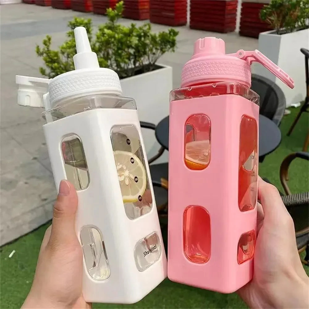 High Quality Water Bottle with Straw 3D Cute Bear Sticker Bpa Free Plastic Square Sippy Cup Portable Drinkware 700ml