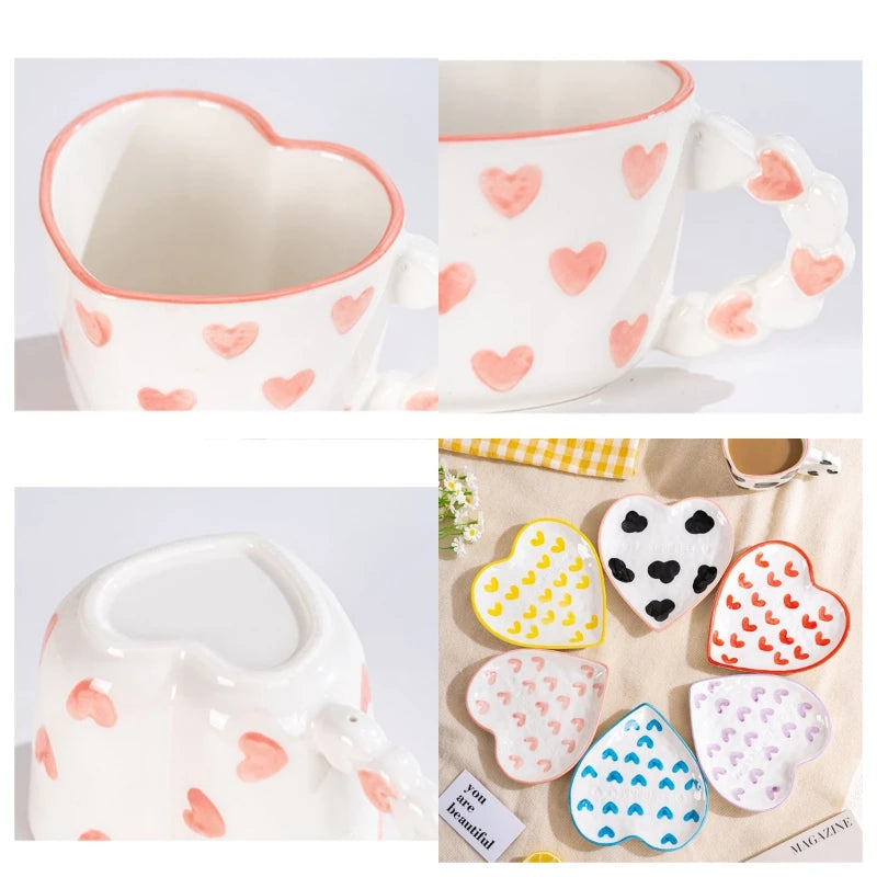 Novelty Hand Painted Coffee Tea Cup Saucer Creative Pink Love Heart Cup Ceramics Milk Cups Porcelain Coffee Cups Tableware Mug - Gabriel