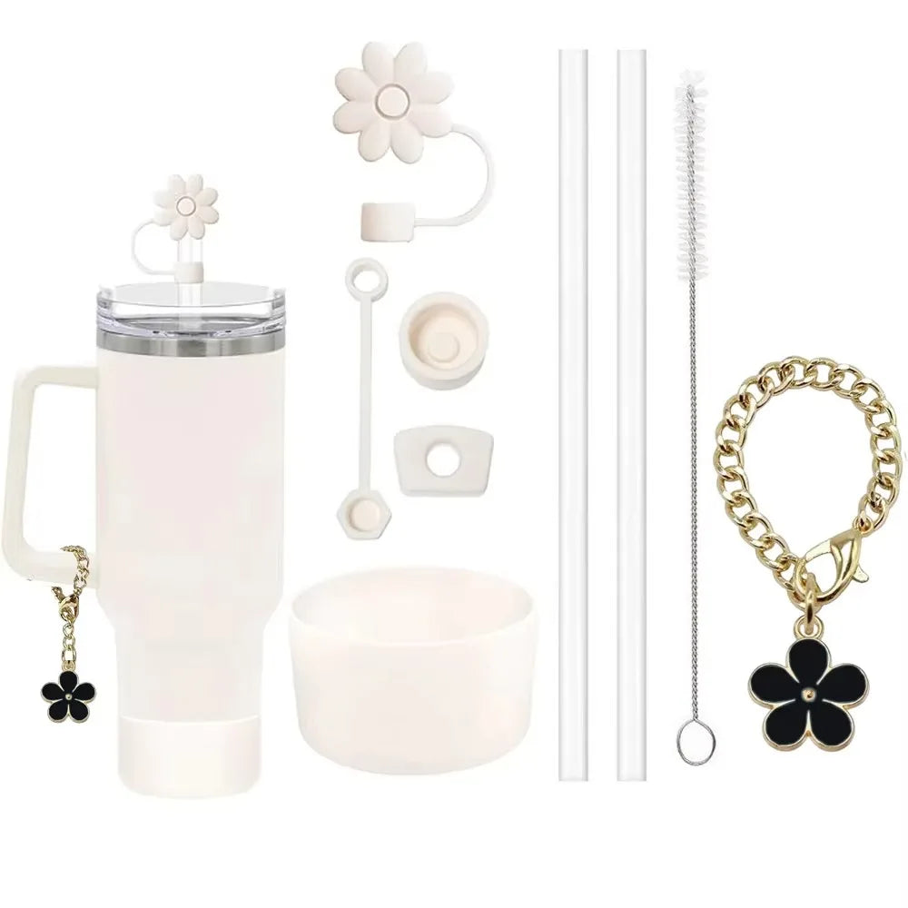 9pcs Accessories Set 3 Spill Proof Stopper Flowers Straw Cover Boot 2 Straw and Brush and 1 Flower Charm Chain for Stanley Cup