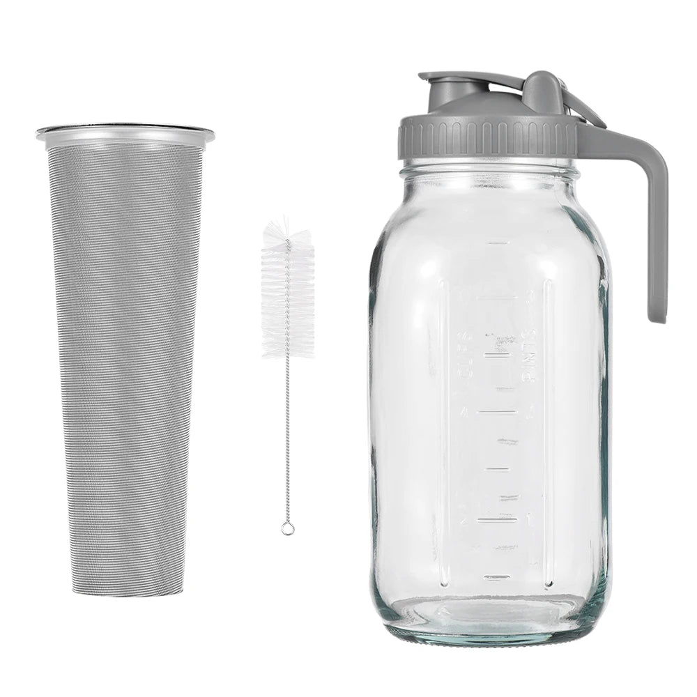 Einmachglaskrug aus Glas mit Filterdeckel, 2 Quart (64 oz / 2 l), weite Öffnung, auslaufsicherer Wasserkrug, Kaltbrühkrug für Wasser, Saft