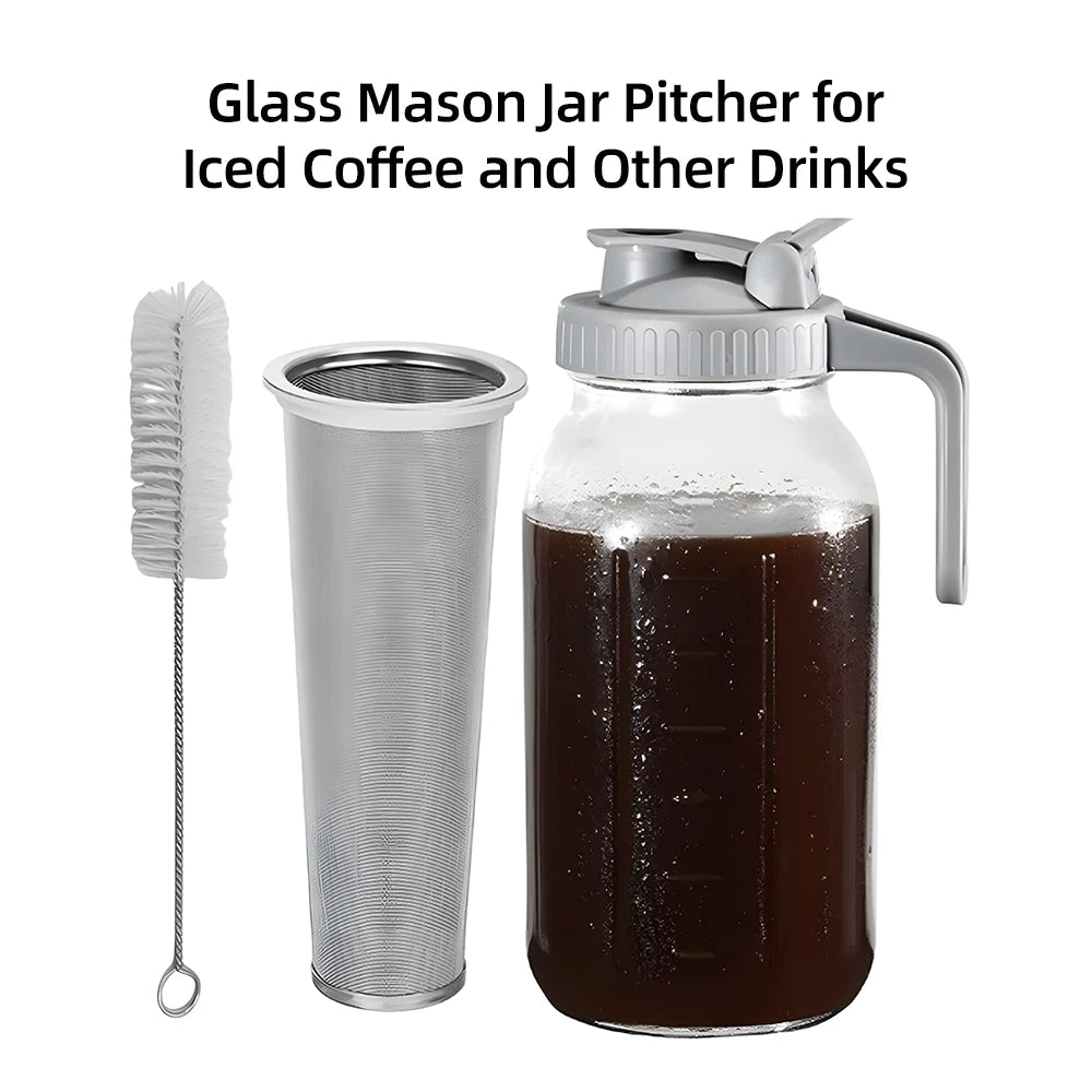 Glass Mason Jar Pitcher with Filter Lid 2 Quart (64oz / 2L) Wide Mouth Leak Proof Water Jug Cold Brew Pitcher for Water Juice