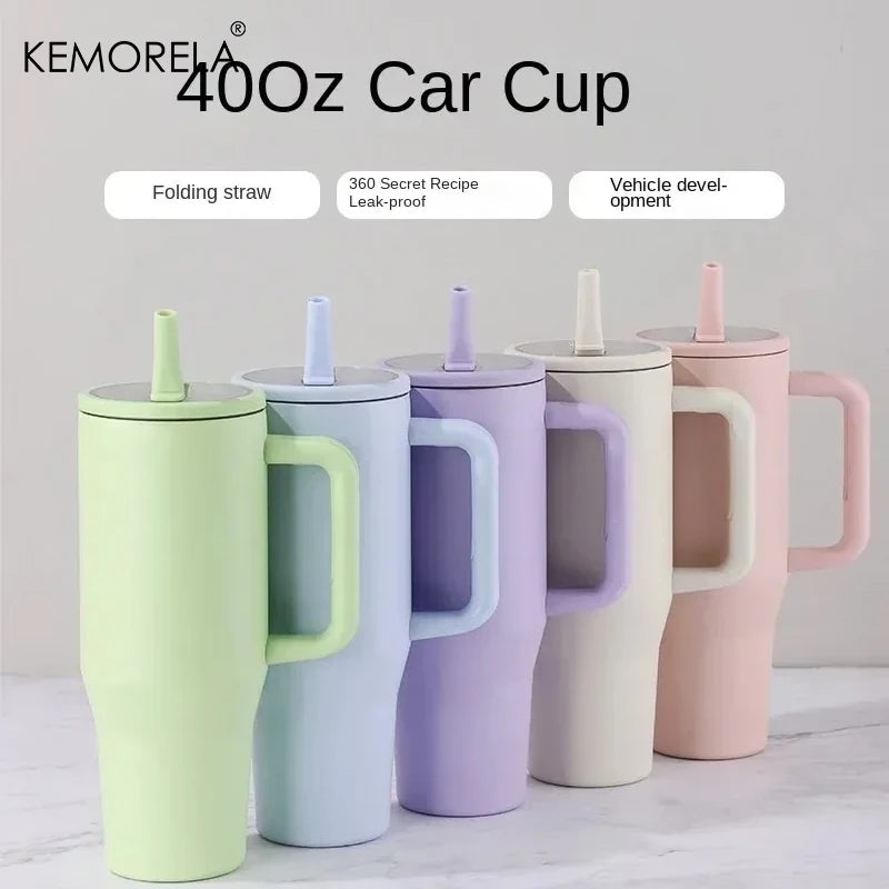 KEMORELA Thermos Cup 40oz Double-Layer Tumbler Ice Cup 1200ML Leak-Proof Foldable Straw Cover Direct Drinking Mouth Car Cup