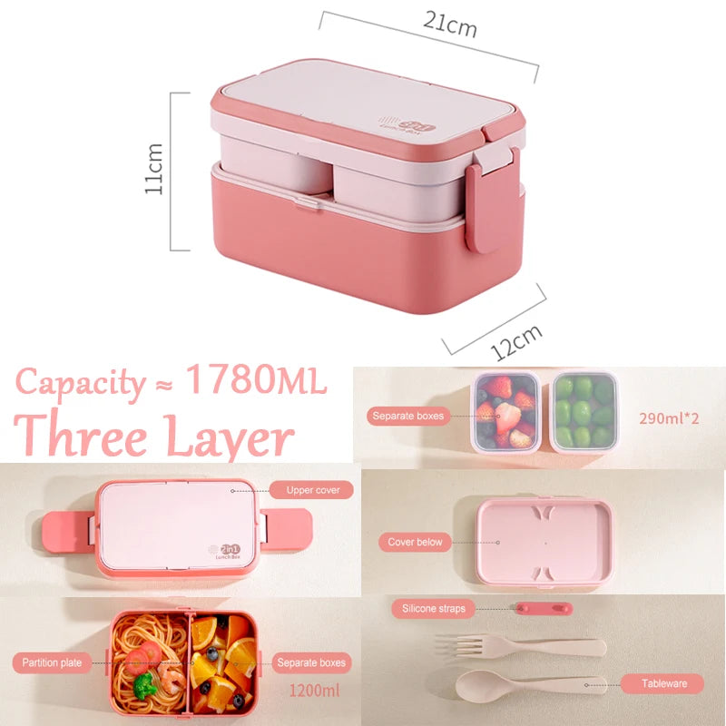 Tragbare Lunchbox aus Bambusfaser, 3-in-1, doppellagig, Bento-Box, mikrowellengeeignet, Löffel und Gabel, für Damen und Mädchen, Schulkinder, Picknick-Lunchbox