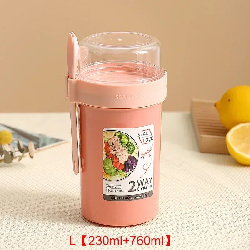 790ml/990ml Salad Oatmeal Cup Breakfast Double Cup Cereal Nut Yogurt Container Set With Dressing Holder Fork Meal Preparation