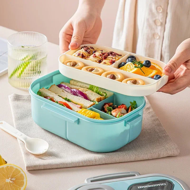 Tragbare Lunchbox mit Fach, Weizenstroh, Bento-Tragegriff, wiederverwendbare Geschirrbehälter, Mahlzeiten- und Snackbehälter