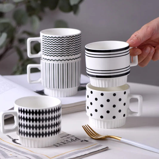 1PCS Nordic Simple Style Black And White Ceramic Mug Creative Polka Dot Striped Coffee Tea Cup Stackable Office Water Cup - Gabriel