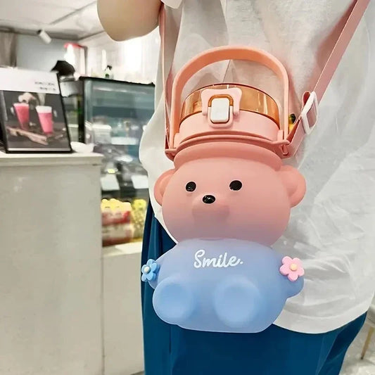 1 cartoon children's water cup, summer bear gradient cute water cup, girl plastic cup, portable straw cup, large capacity